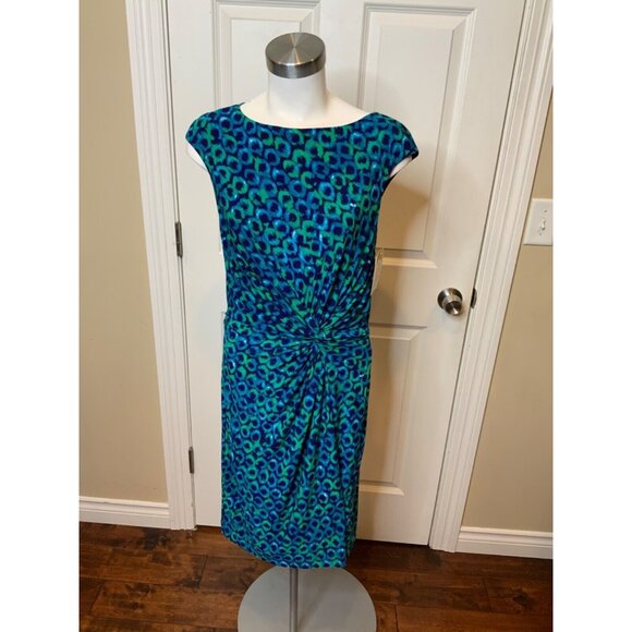 Lauren Ralph Lauren Blue Green Geometric Patterned Sheath Dress Gathered Size 10 - Picture 1 of 5